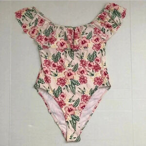 NWT‎ $98 CABANA DEL SOL pink floral Ruffle swim Large
